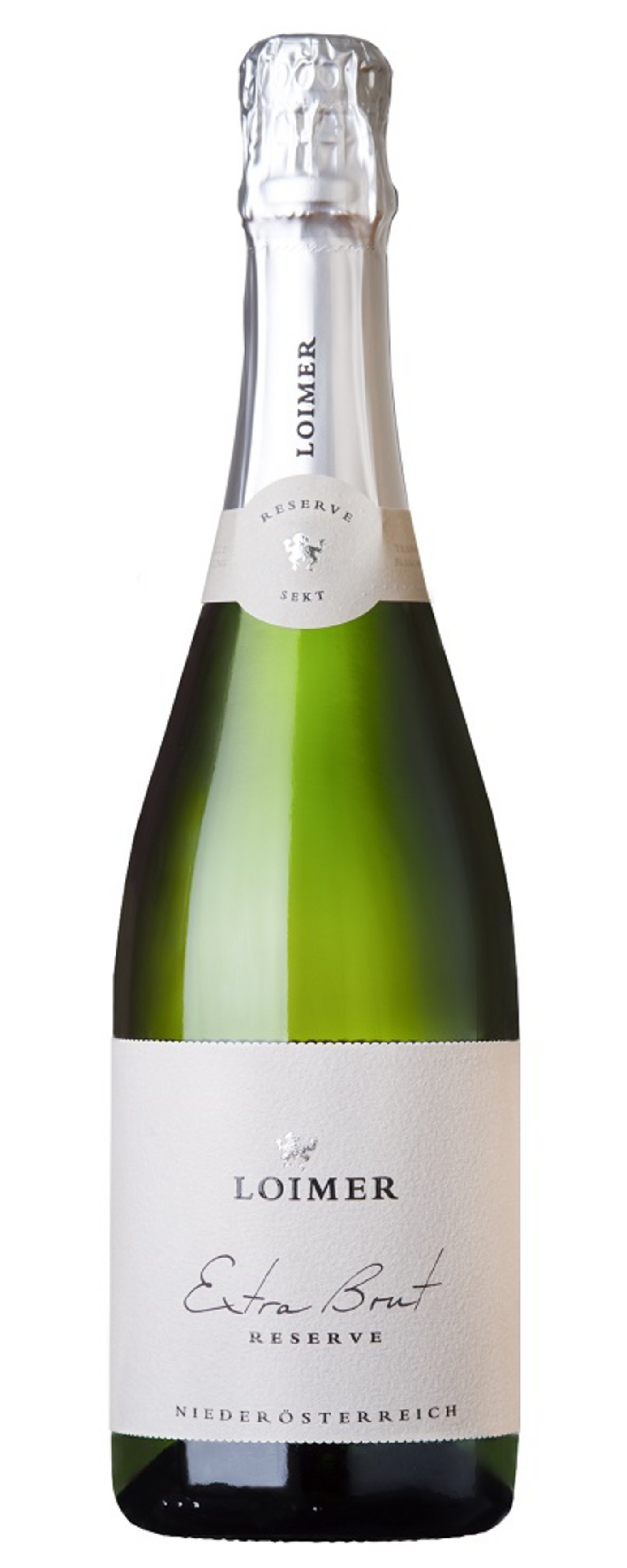 Wein-Flasche mit Etikett, LOIMER Extra Brut Reserve, Niederösterreich, Sekt.