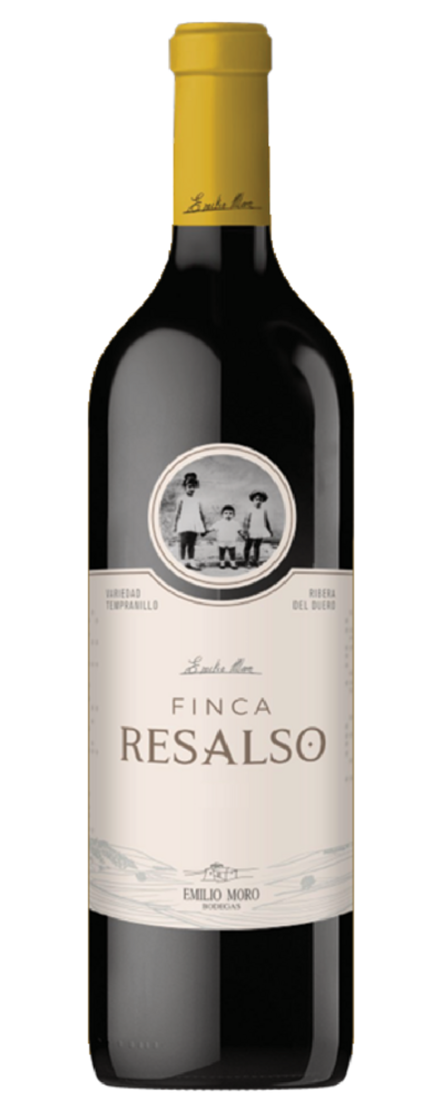 Wein-Flasche mit Etikett 'Finca Resalso' und Familienfoto, Ribera del Duero.