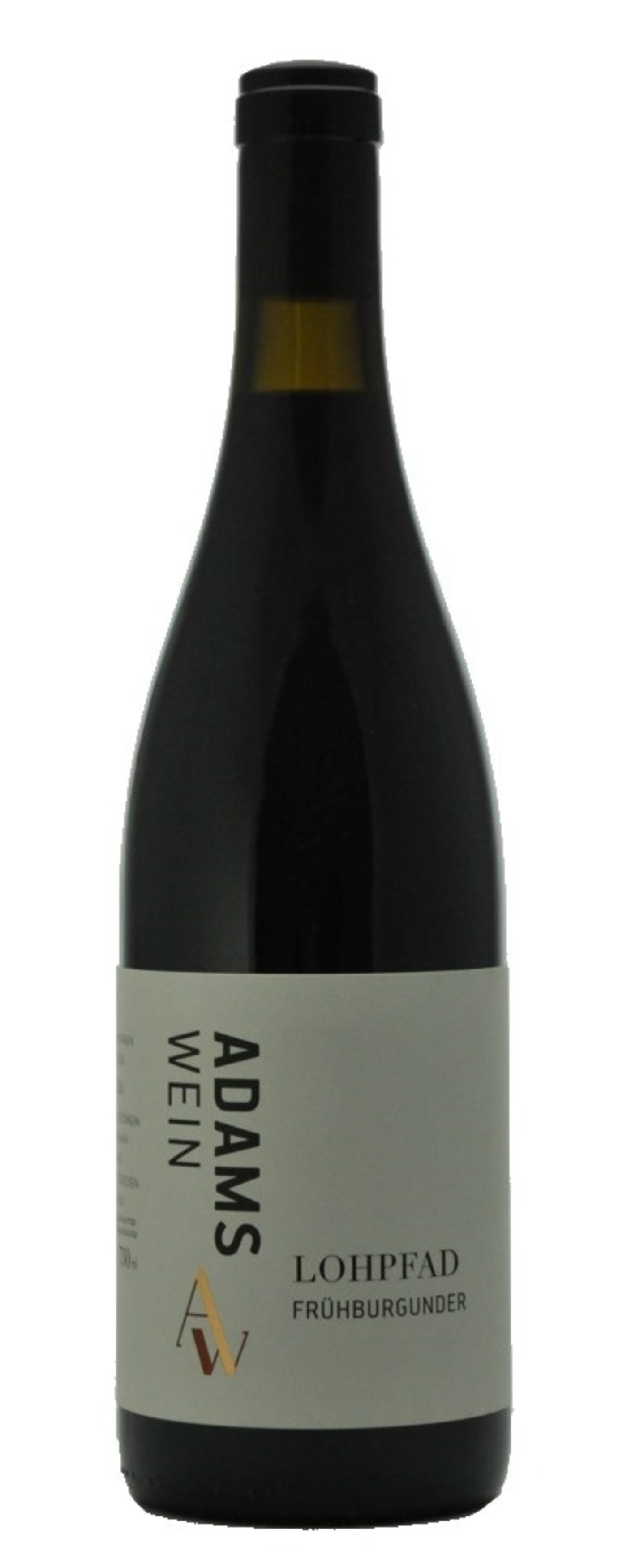 Wein-Flasche mit Etikett, Aufschrift Adams Wein Lohpfad Frühburgunder