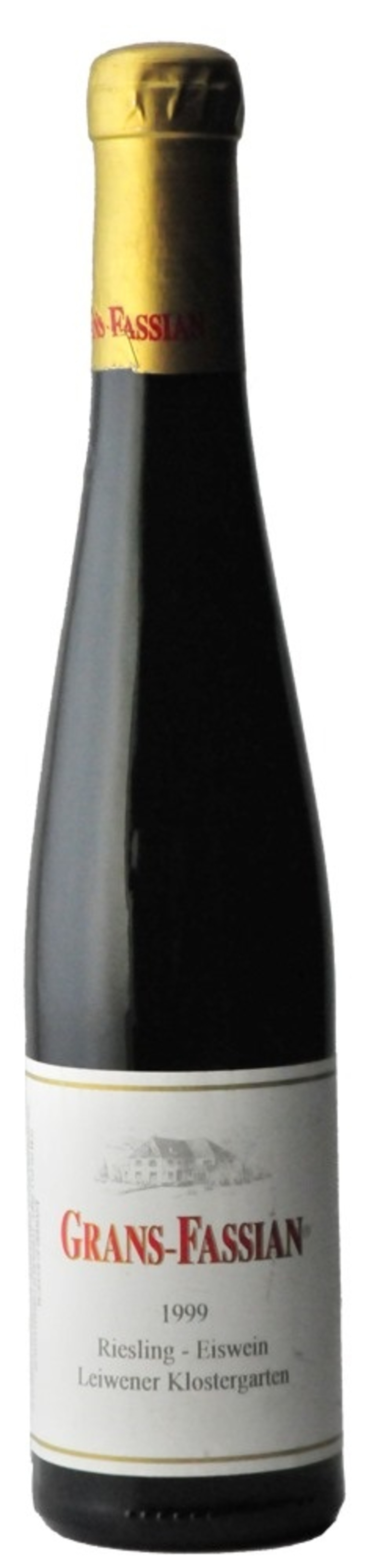 Weinflasche Grans-Fassian 1999 Riesling Eiswein, Leiwener Klostergarten, goldener Verschluss