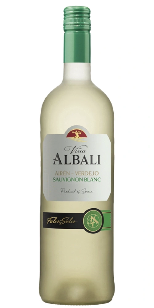 Eine Flasche weißer Wein mit dem Etikett "Viña Albali". Die Flasche hat einen grünen Verschluss und eine grüne Banderole.
