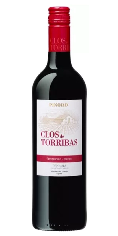 Eine Flasche Rotwein von Clos de Torribas mit rotem Etikett und rotem Verschluss.