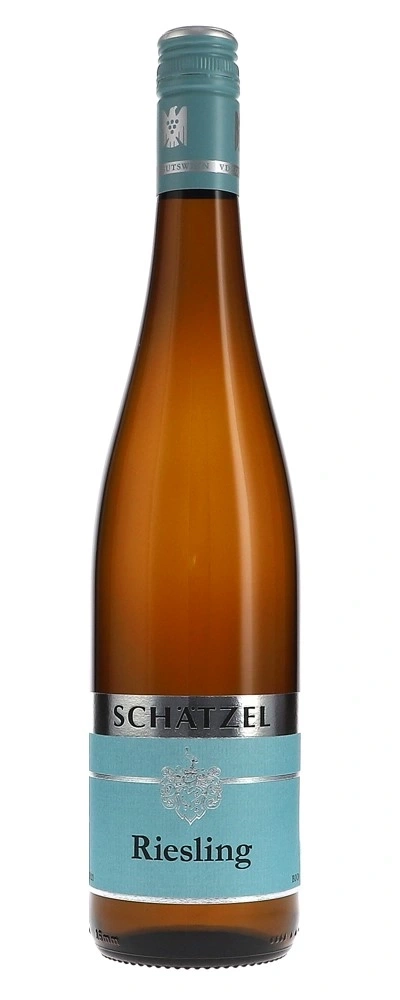 Weinflasche mit der Aufschrift Riesling und dem Namen Schätzel
