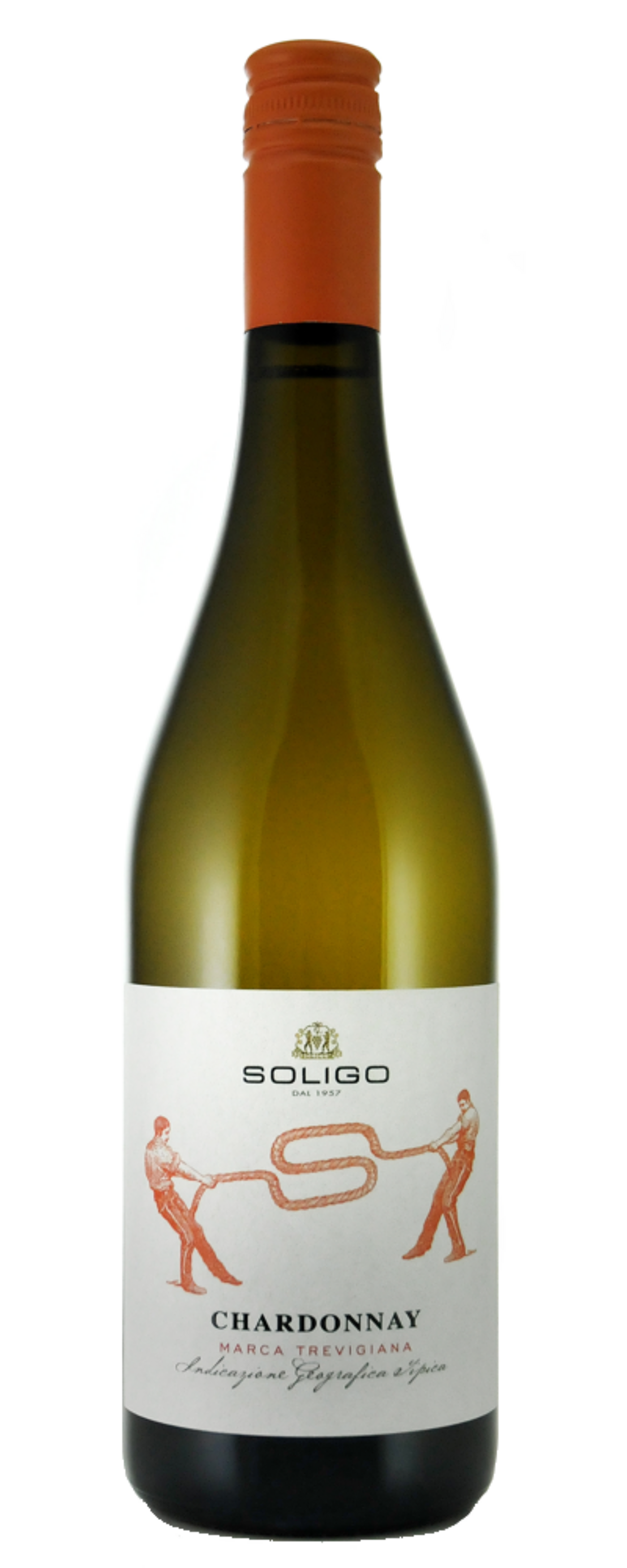 Weinflasche Soligo Chardonnay, Etikett mit zwei Figuren, die an einem Seil ziehen, orange Kappe