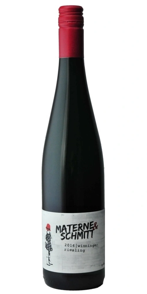 Weinflasche mit Etikett Mattern & Schmitt Riesling 2016, rote Kappe.
