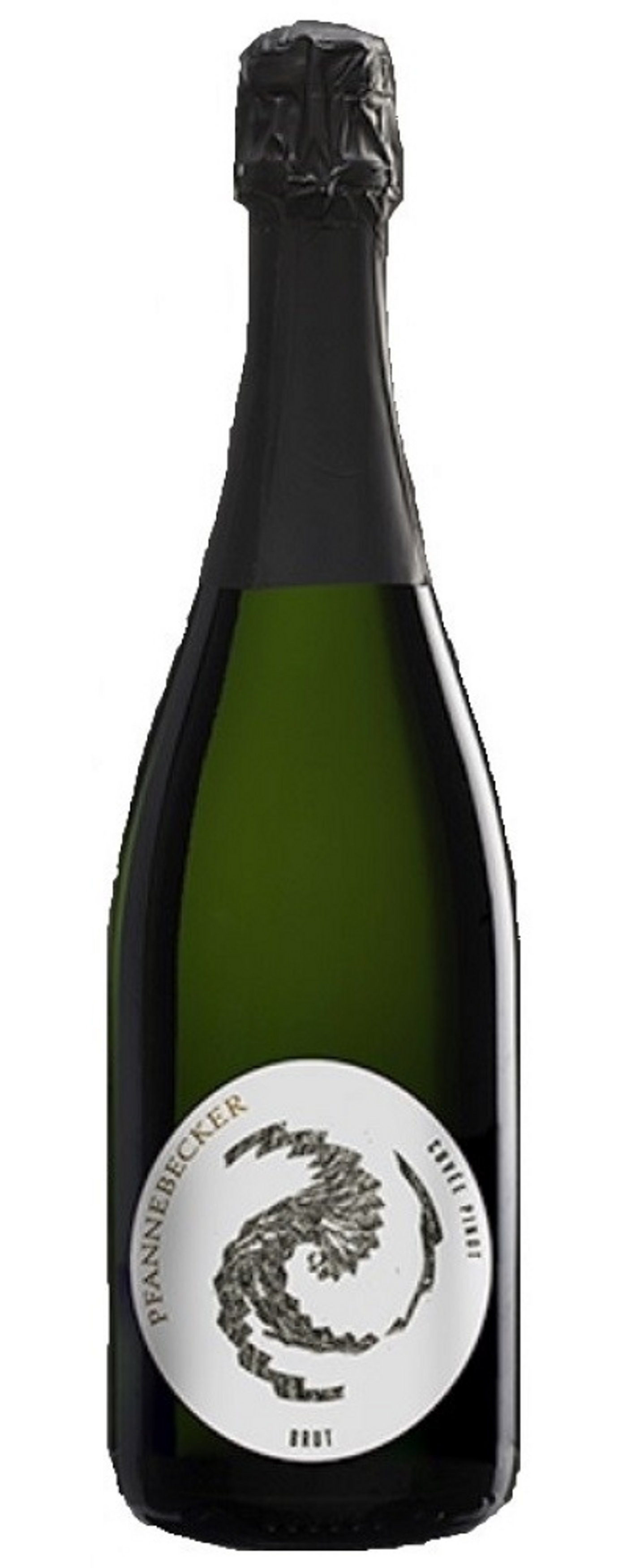 Eine Flasche Sekt mit einem schwarzen Etikett und einer schwarzen Kappe.