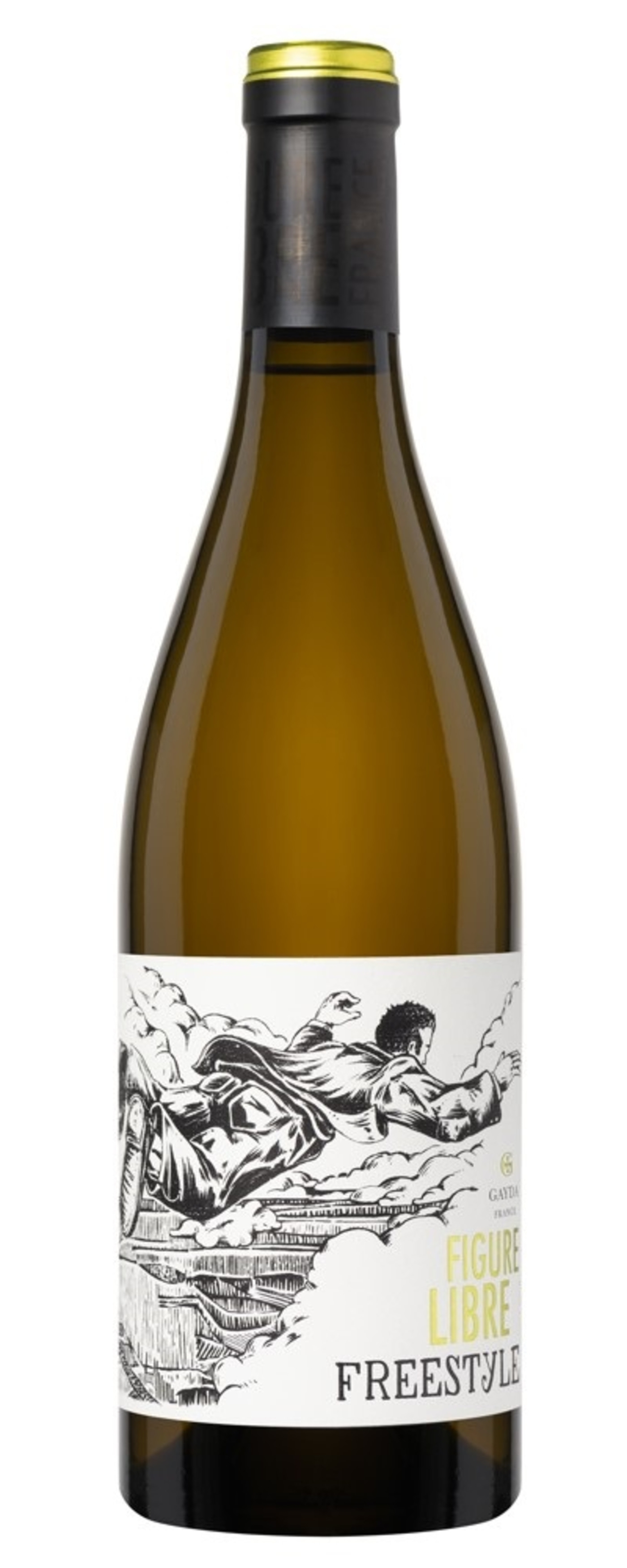 Weinflasche mit Etikett, das eine Illustration zeigt, mit den Worten 'FIGURE LIBRE FREESTYLE'