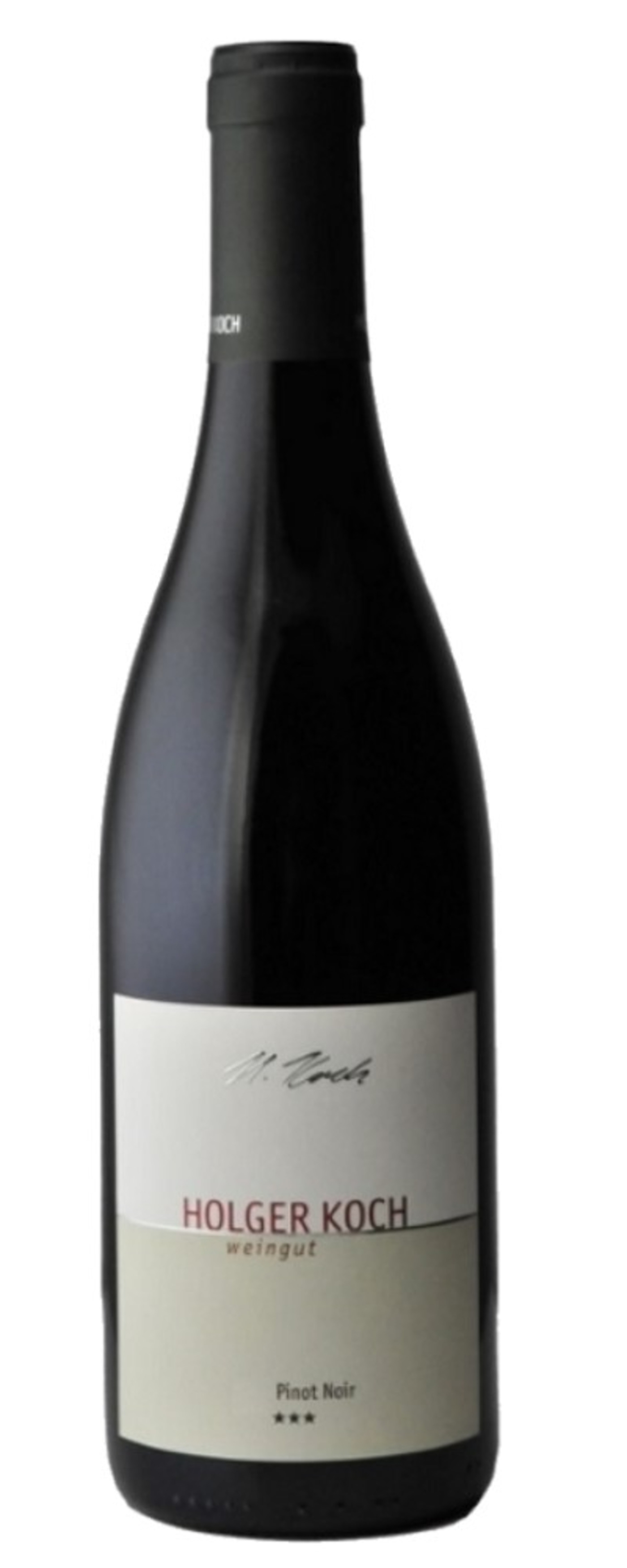 Holger Koch Wein Pinot Noir Flasche, dunkles Rot, Etikett mit Schriftzug