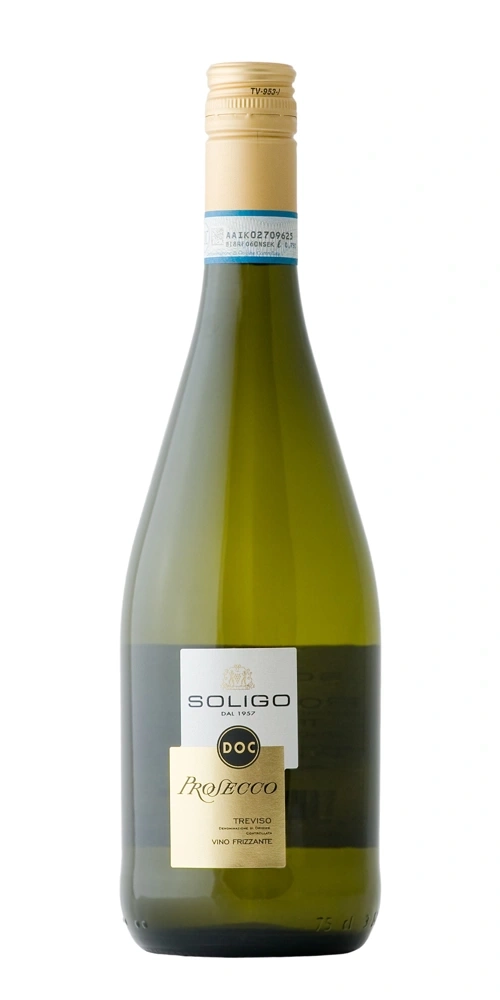 Eine Flasche weißer Prosecco DOC von Soligo aus Treviso, Italien, mit goldenem Verschluss.