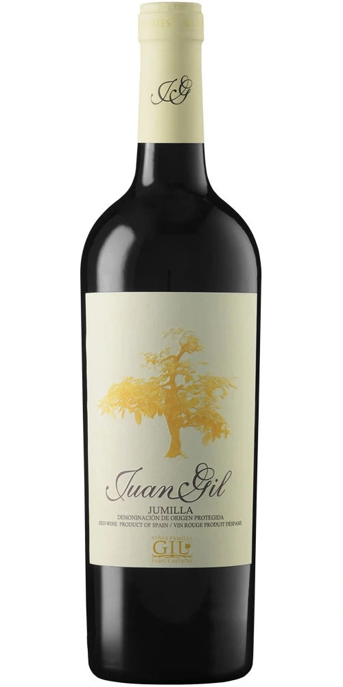 Eine Flasche Rotwein mit einem Etikett, das einen Baum und den Namen Juan Gil zeigt.
