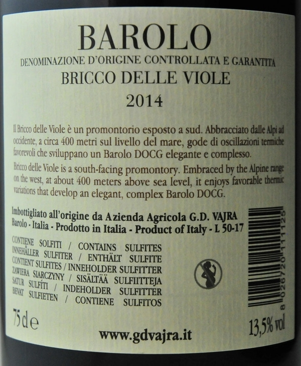 Barolo Bricco delle Viole Nebbiolo 2014 G.D. Vajra