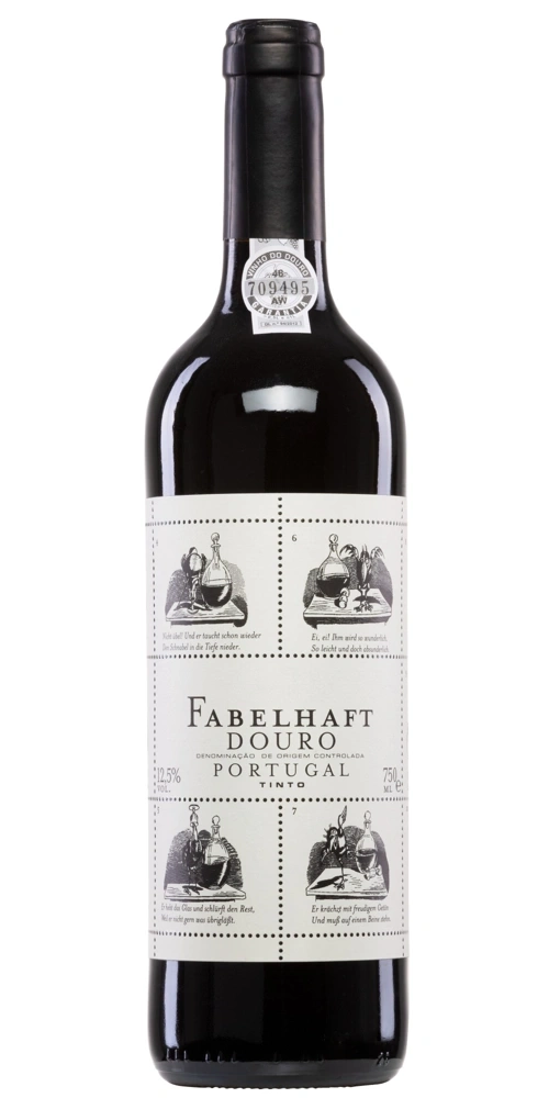 Fabelhaft Douro Tinto wine bottle with German text and illustrations on the label.