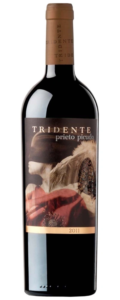 Wein-Etikett mit dem Namen Tridente Prieto Picudo, Jahrgang 2011, dunkle Farbe