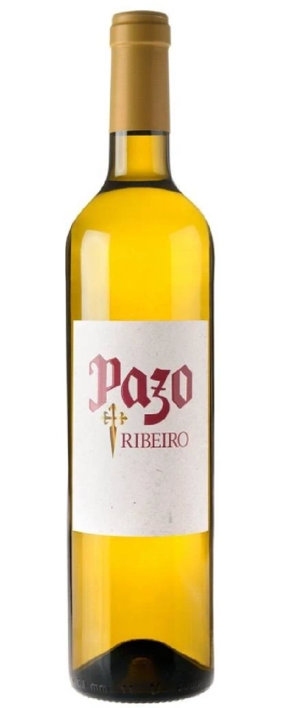 Eine Flasche Weißwein mit dem Etikett Pazo Ribeiro