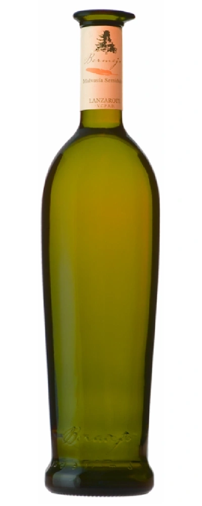 Eine grüne Glasflasche mit einem Etikett, das Wein beschreibt.