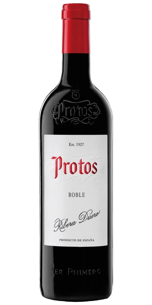 Eine Flasche Rotwein mit dem Etikett Protos Roble Ribera Duero