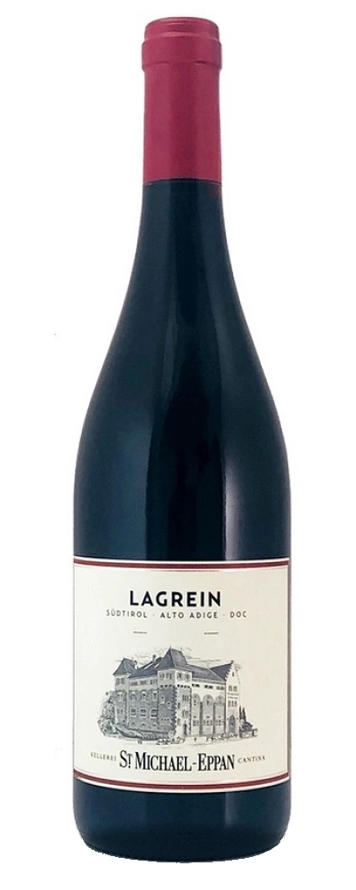 Wein-Flasche mit roter Kappe und Etikett mit Schloss-Illustration und Text 'Lagrein'