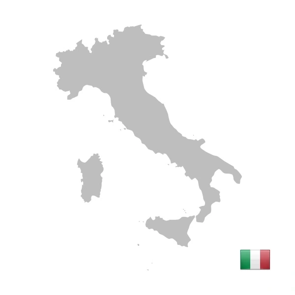 Graue Karte von Italien mit italienischer Flagge auf weißem Hintergrund.