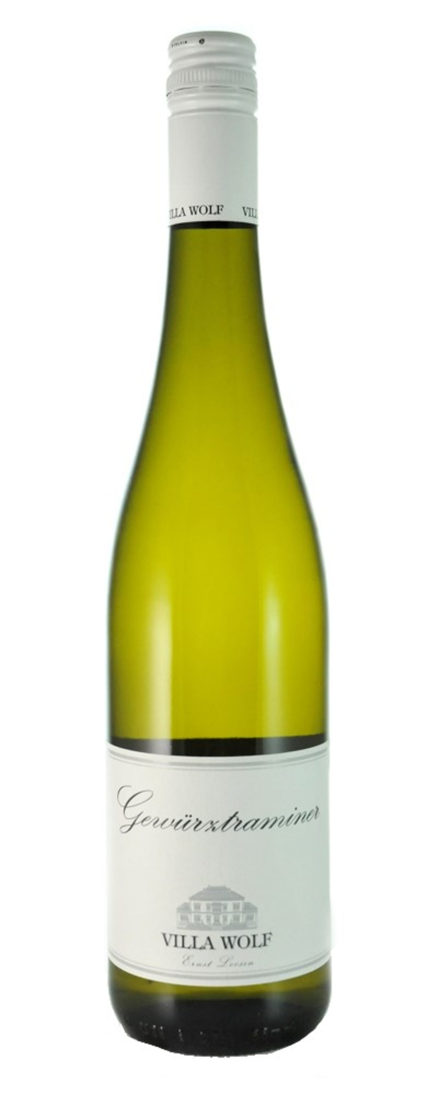 Weinflasche mit dem Etikett 'Gewürztraminer' von Villa Wolf.