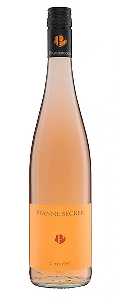 Flasche Pfannebecker Cuvée Rosé, rosa Wein, Etikett, schwarzer Verschluss, Glasflasche