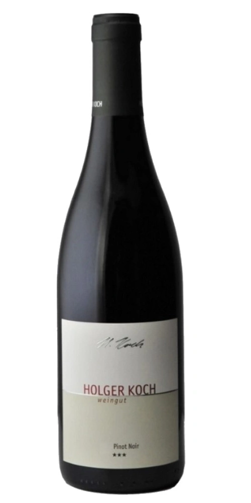 Schwarze Weinflasche mit Etikett: HOLGER KOCH weingut Pinot Noir