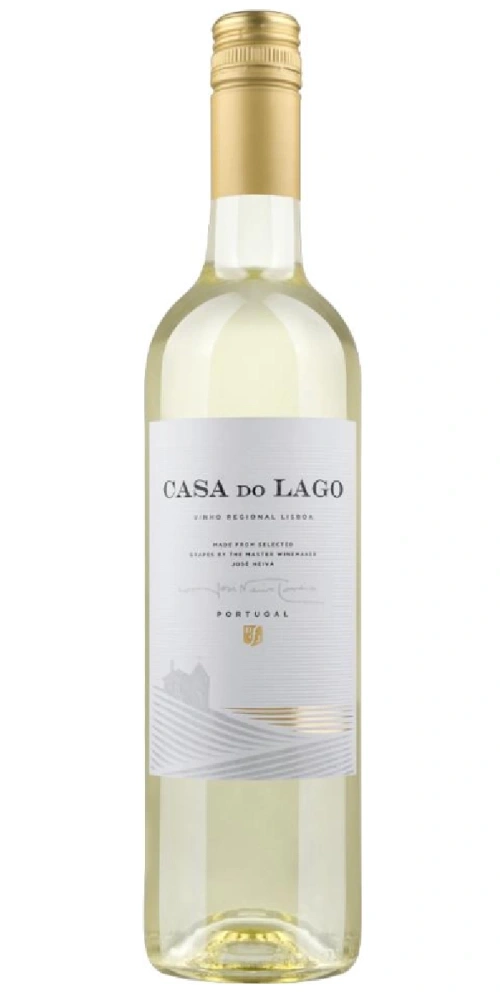 Weiße Flasche Wein von Casa do Lago mit goldenem Verschluss