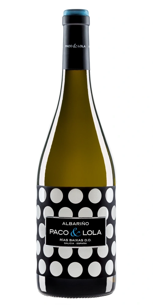 Eine Flasche weißer Wein mit schwarzem Etikett und weißen Punkten.