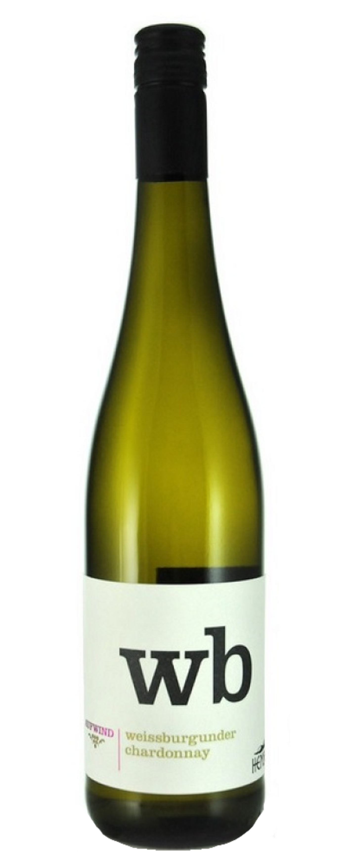 Weinflasche mit weißem Etikett und der Aufschrift 'wb' und 'weissburgunder chardonnay'.