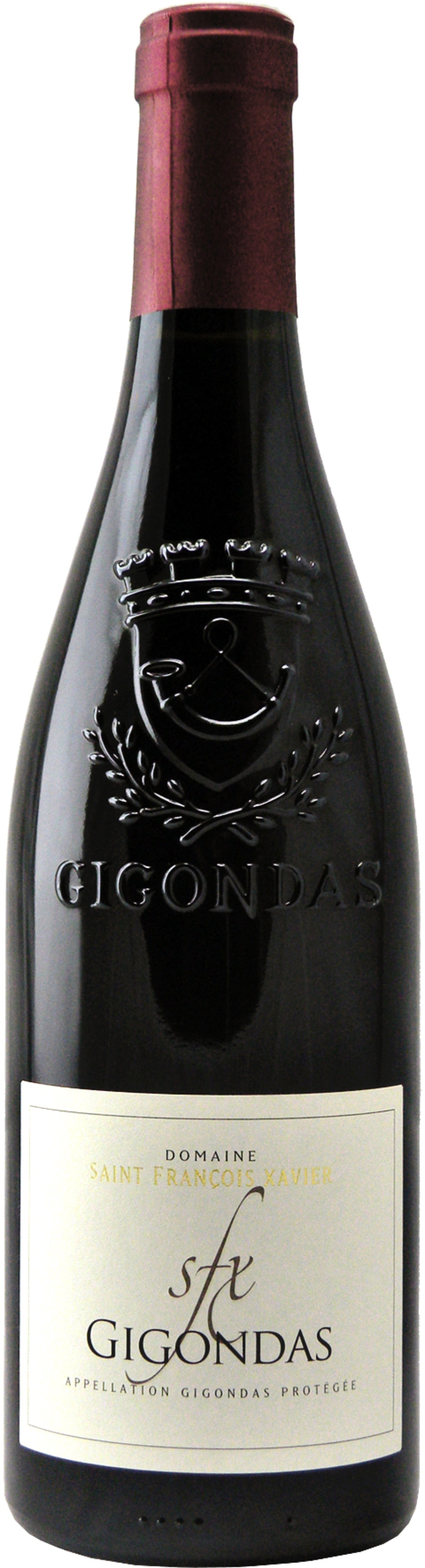 Wein-Flasche mit dem Namen Gigondas, Saint François Xavier, Appellation Gigondas Protégée.