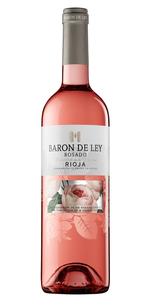 Eine Flasche Baron de Ley Rosado Rioja Wein mit Rosenmotiven auf dem Etikett.