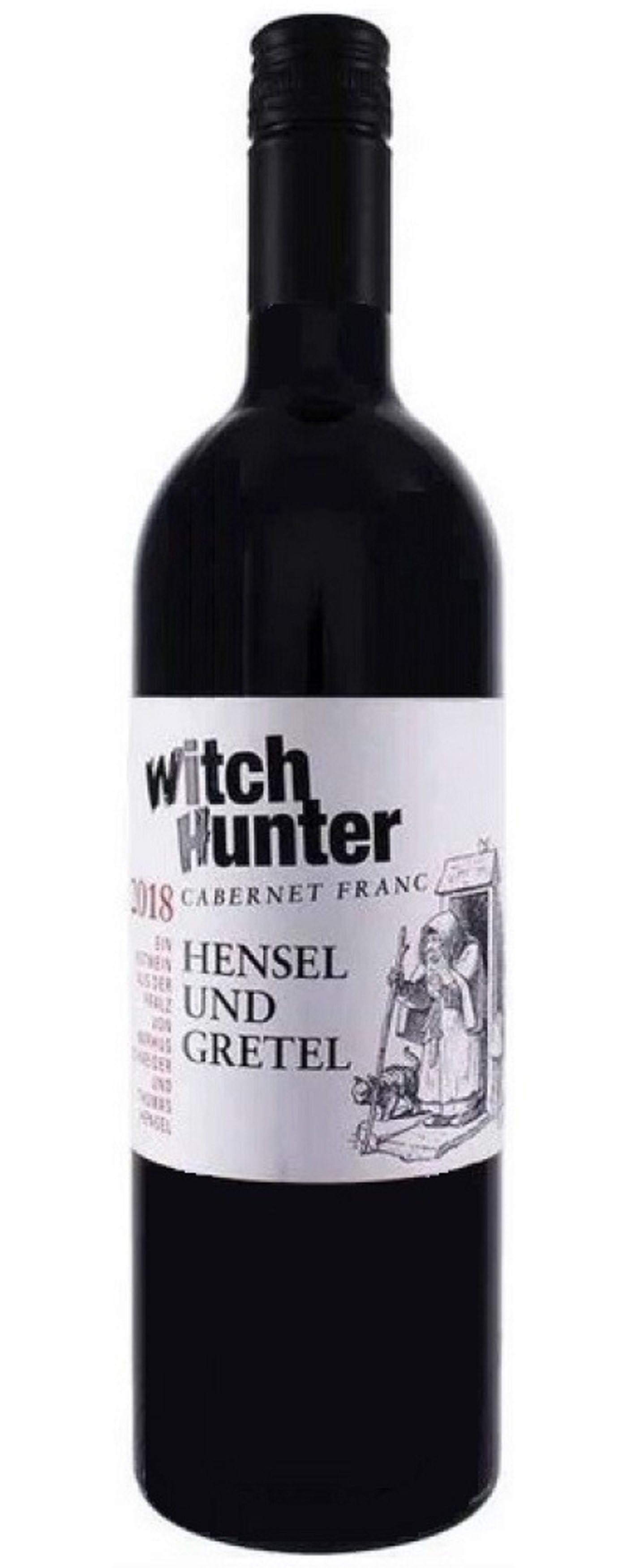 Weinflasche mit dem Etikett "Witch Hunter Cabernet Franc Hensel und Gretel".