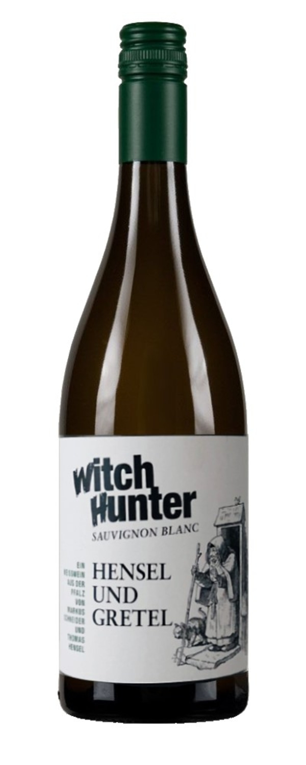Weinflasche mit Etikett "Witch Hunter" und "Hensel und Gretel".