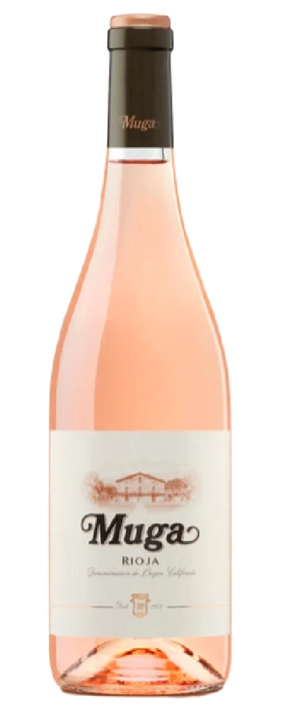 Eine Flasche Roséwein von Muga, Rioja mit Etikett und Schulteretikett.