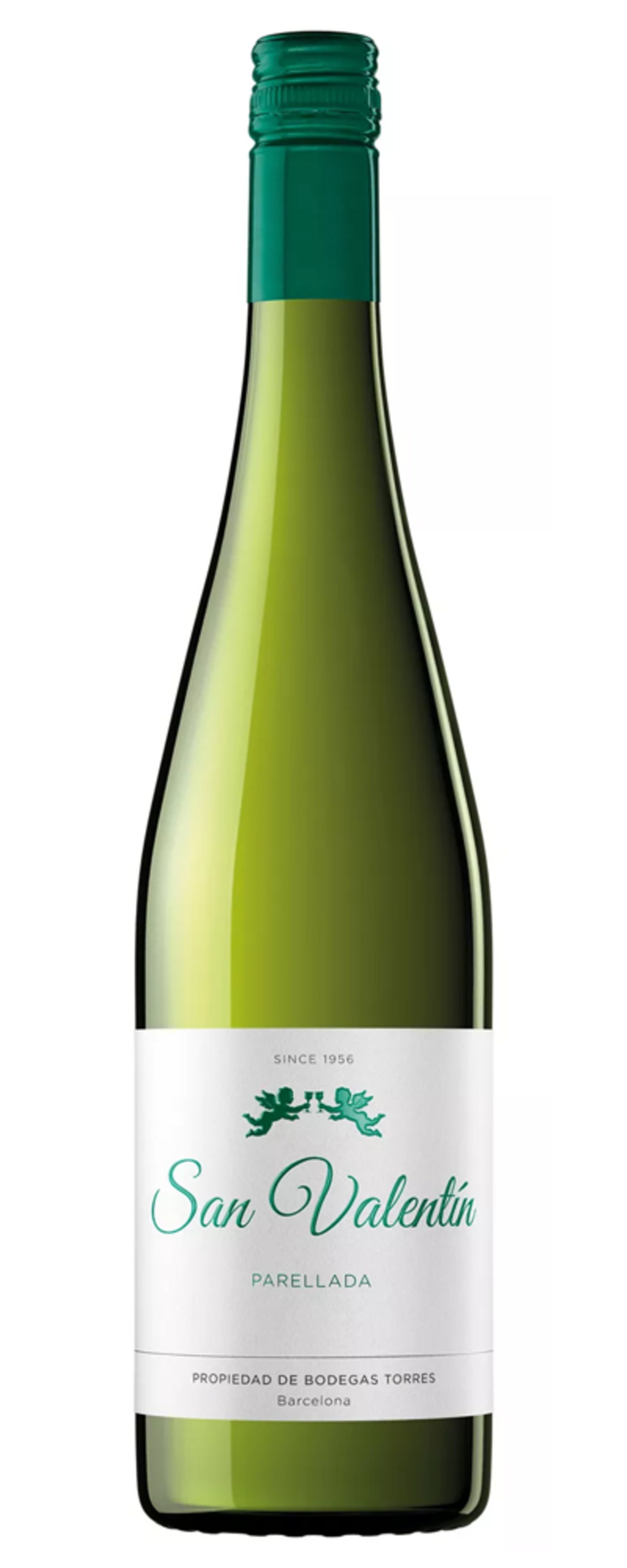 Weinflasche San Valentin, grün, Parellada, Bodegas Torres, Barcelona, seit 1956.