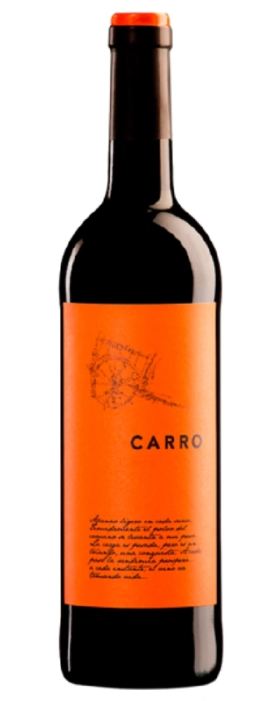 Eine Flasche Rotwein mit einem orangefarbenen Etikett und dem Namen CARRO.