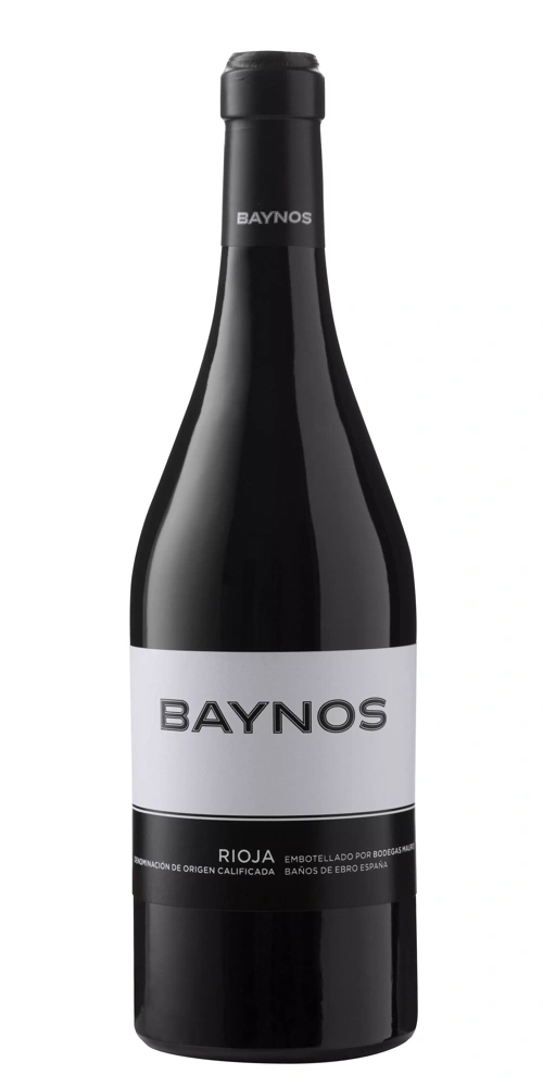Eine Flasche Rotwein mit dem Etikett "BAYNOS RIOJA EMBOTELLADO POR BODEGAS".