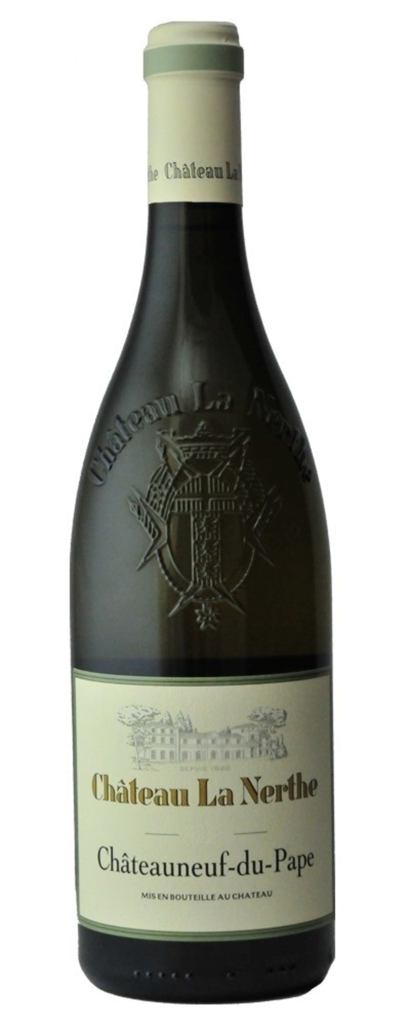 Wein-Etikett von Château La Nerthe, Châteauneuf-du-Pape, Flasche, Wein, Getränk, Frankreich