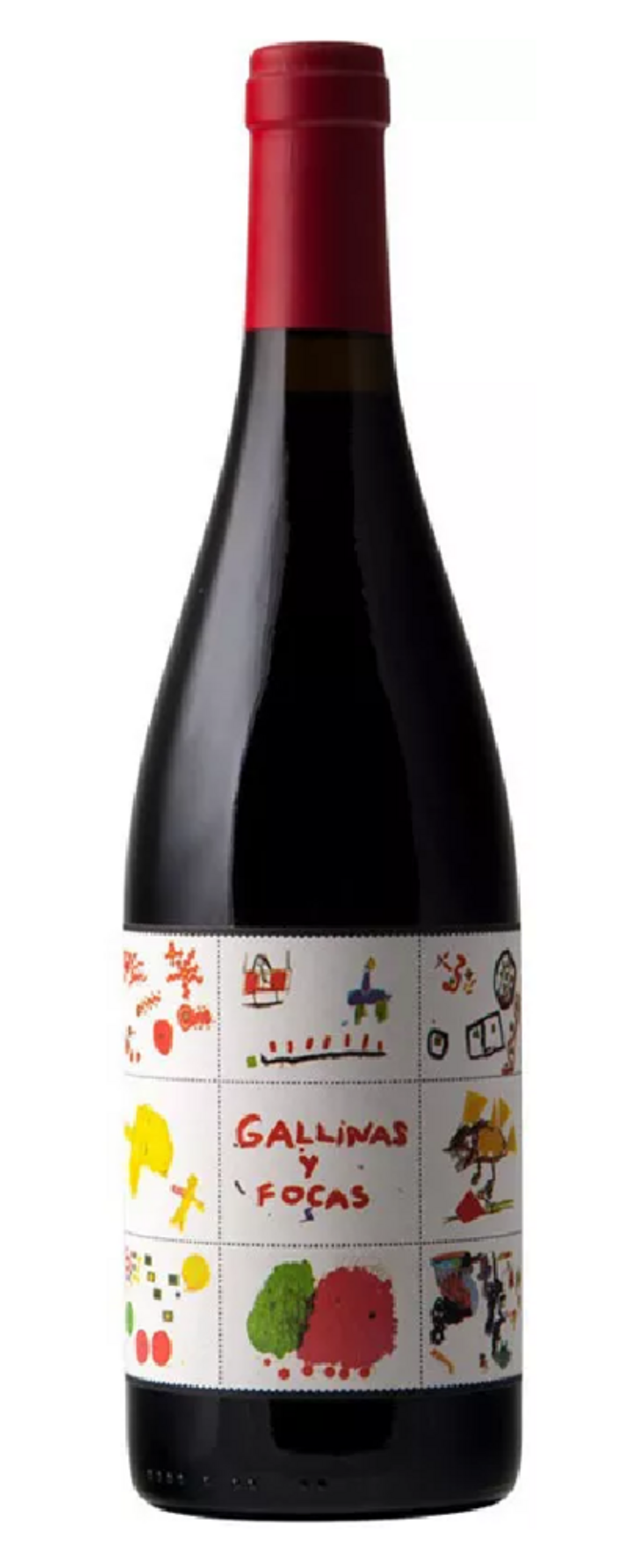 Wein-Flasche mit roter Kappe und buntem Etikett mit Zeichnungen und Text 'Gallinas y Focas'.