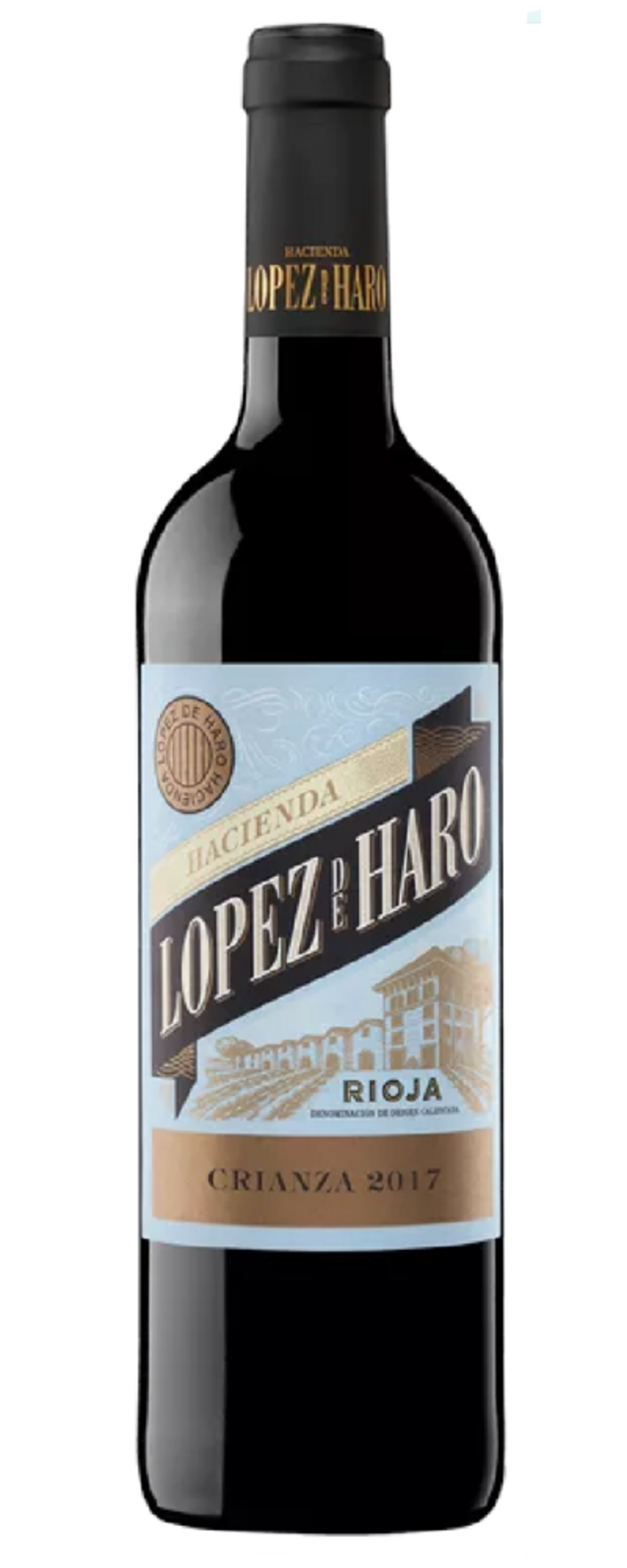 Wein-Flasche mit Etikett 'Hacienda Lopez de Haro Rioja Crianza 2017'