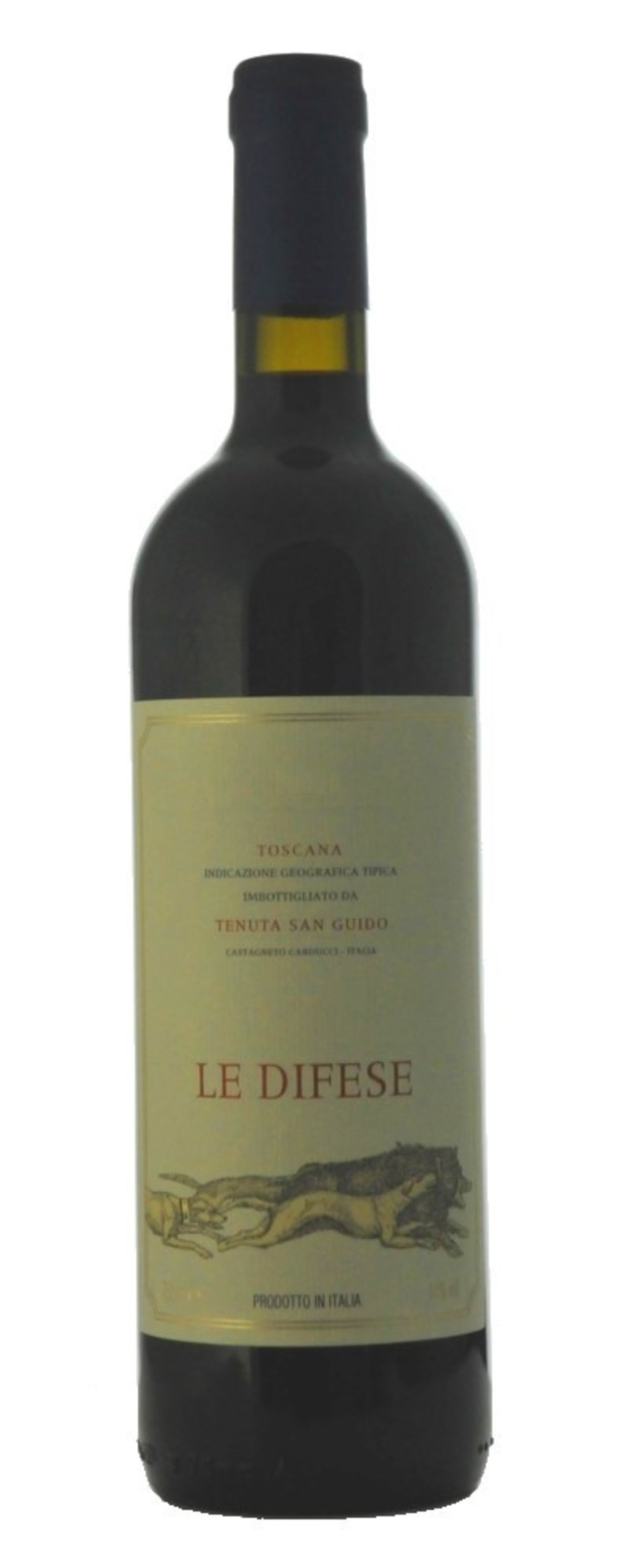 Weinflasche mit Etikett 'Le Difese' aus der Toskana, Italien. Rotwein.