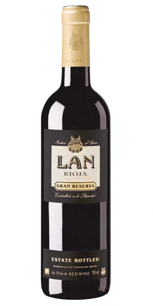 Eine Flasche Rotwein mit dem Etikett LAN RIOJA GRAN RESERVA