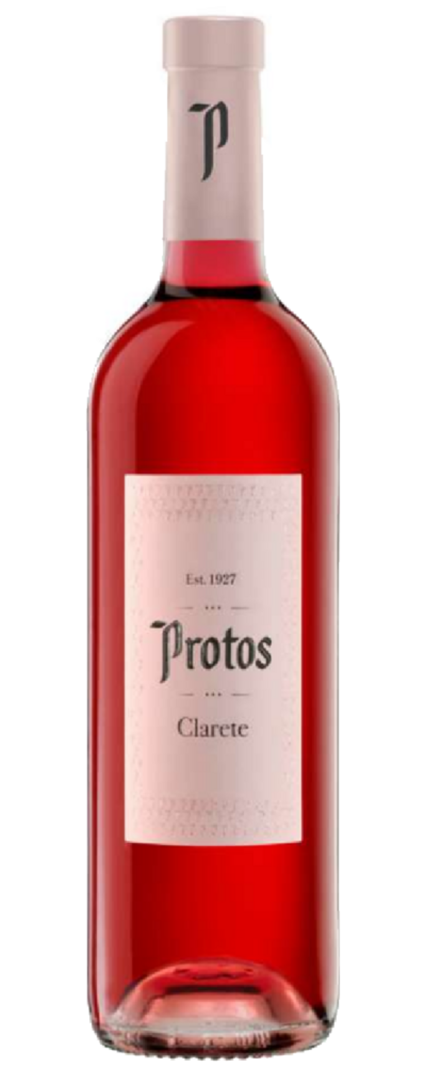 Wein-Flasche Protos Clarete, rosa Etikett, Est. 1927, Rotwein, Glasflasche, Getränk