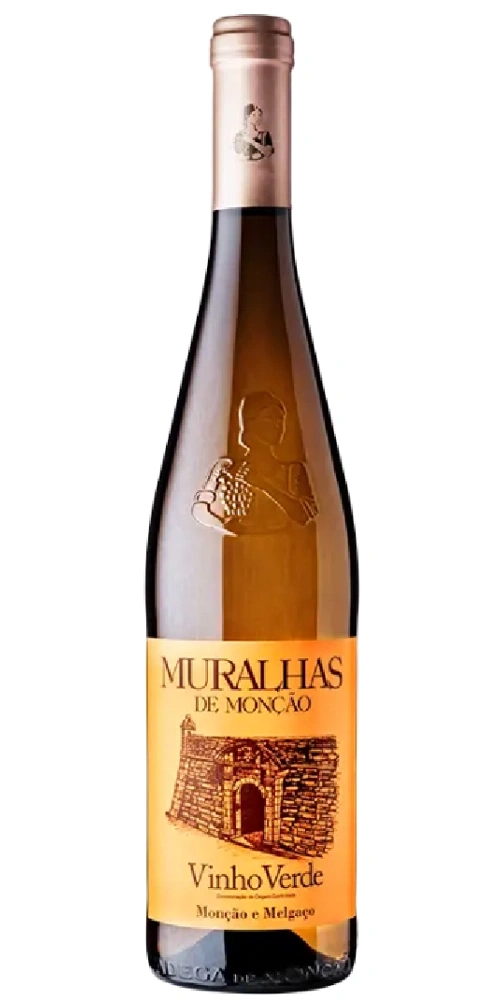 Eine Flasche Muralhas de Monção Vinho Verde Wein mit einem Bild einer Festung.