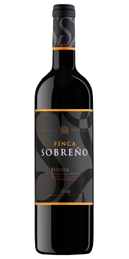 Rotwein Flasche mit schwarzem Etikett und orangen Akzenten.