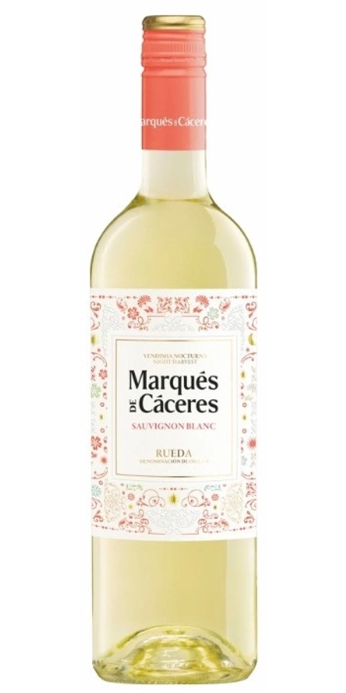 Eine Flasche Marqués de Cáceres Sauvignon Blanc Wein mit einem Korallenfarbenen Verschluss.