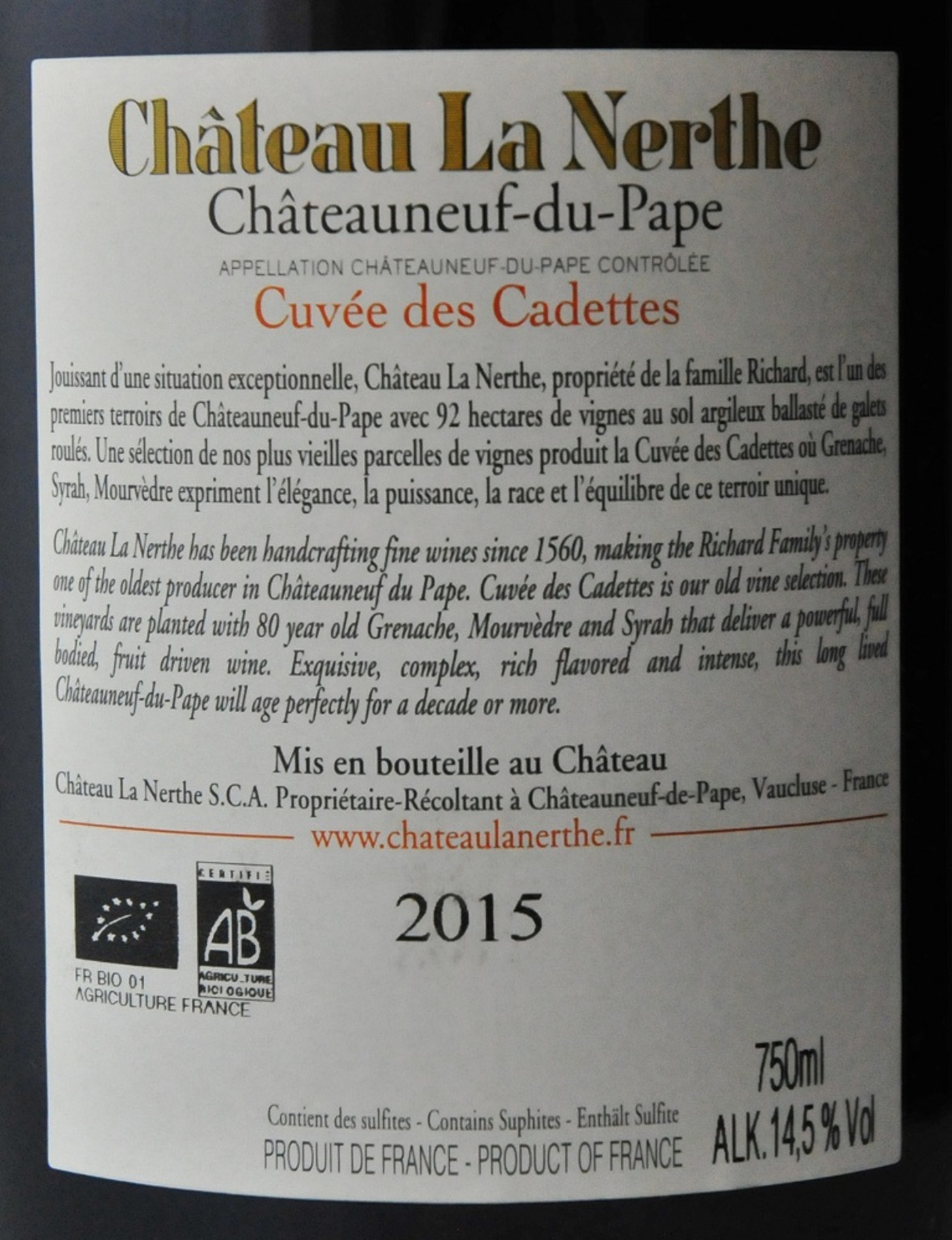 Wein-Etikett von Château La Nerthe, Châteauneuf-du-Pape, Cuvée des Cadettes, Jahrgang 2015