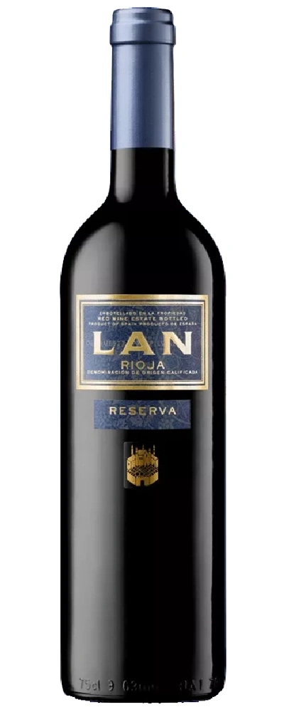 Wein-Flasche LAN Rioja Reserva, dunkel, blau-goldene Etiketten, 75cl, spanisch