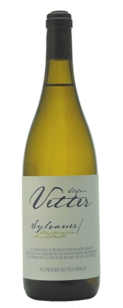 Weinflasche mit Etikett, Vetter, Sylvaner, Steinterrassen, Muschelkalk, Wein