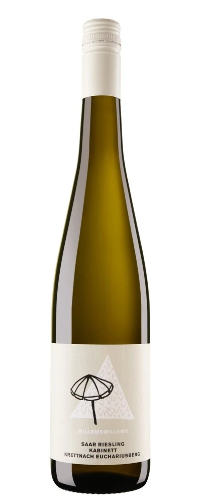 Weinflasche mit Etikett, Saar Riesling Kabinett, Krettnach Euchariusberg, weiß