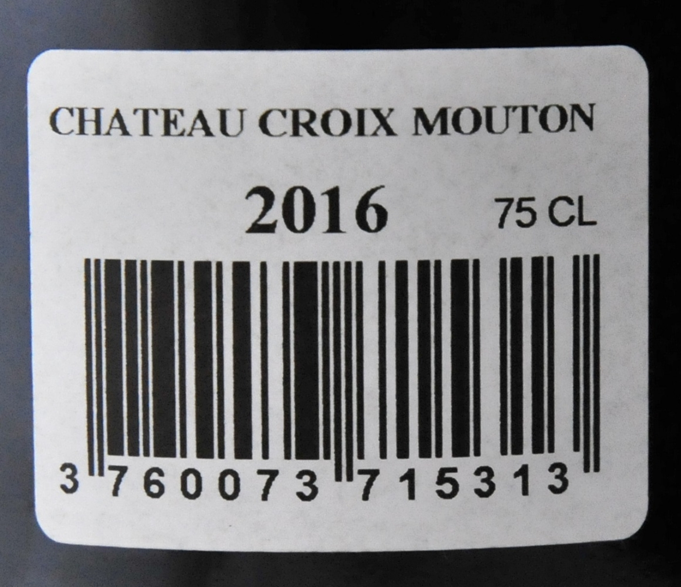 Etikett mit Text: Chateau Croix Mouton, 2016, 75 CL und Barcode.